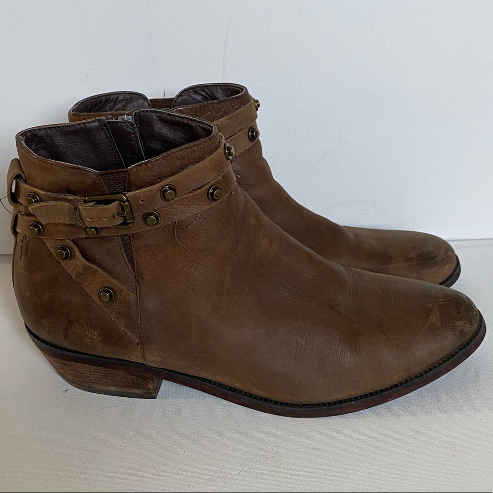 Brown leather ankle booties w studded boho straps